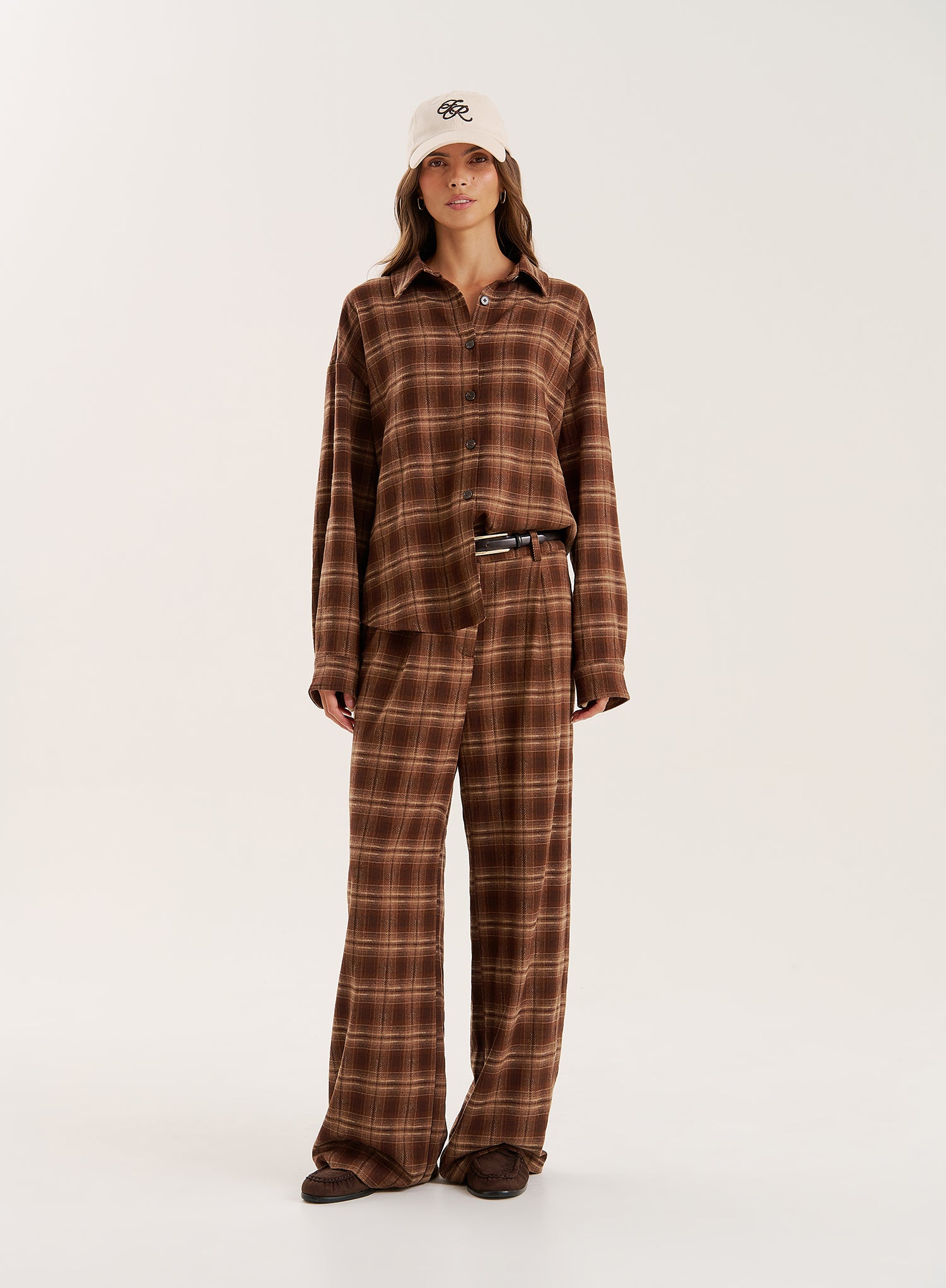 Brown Check Print Straight Leg Trousers